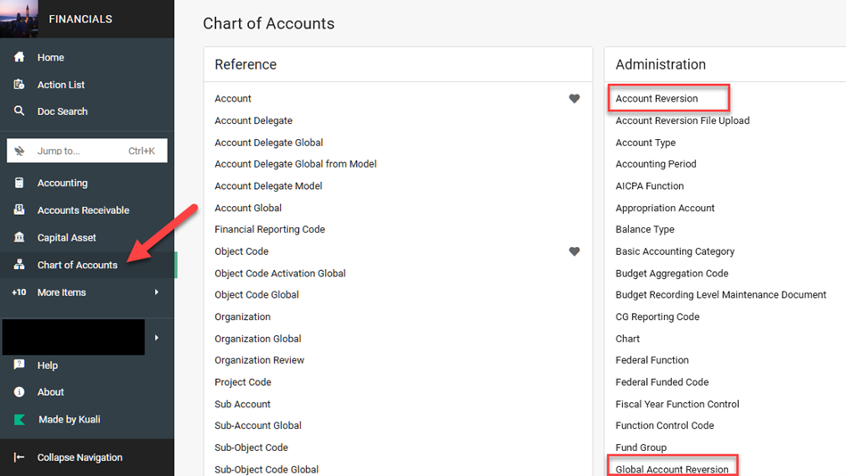  The Account Reversion and Global Account Reversion e-docs are located in the KFS system under Chart of Accounts, in the Administration section.