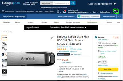 A screenshot of the Amazon Business Prime screen, which displays a selected USB drive and the product details. In the upper-right is the Amazon cart, which is circled, containing 1 item.
