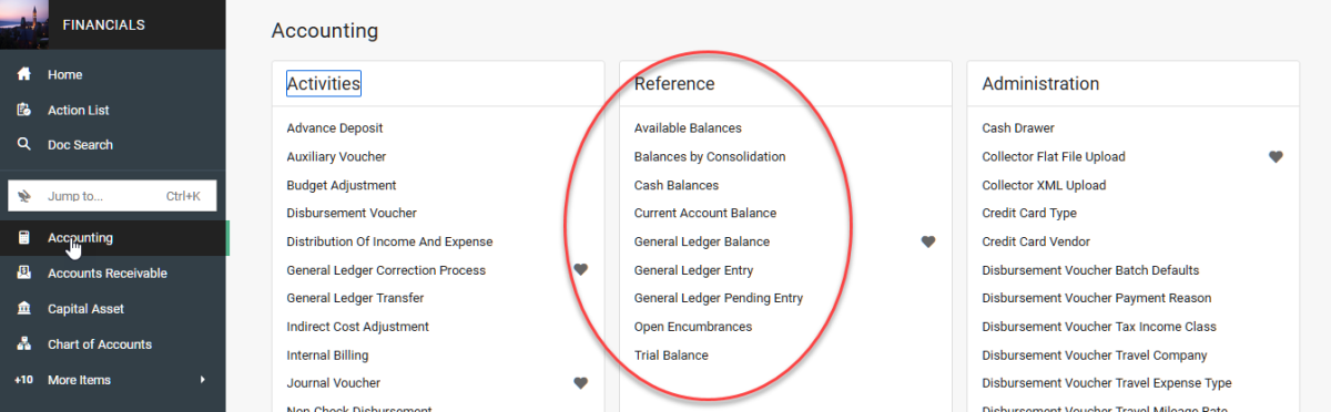 A screen shot the balance inquiry screens listed under Reference on the Accounting tab in KFS.