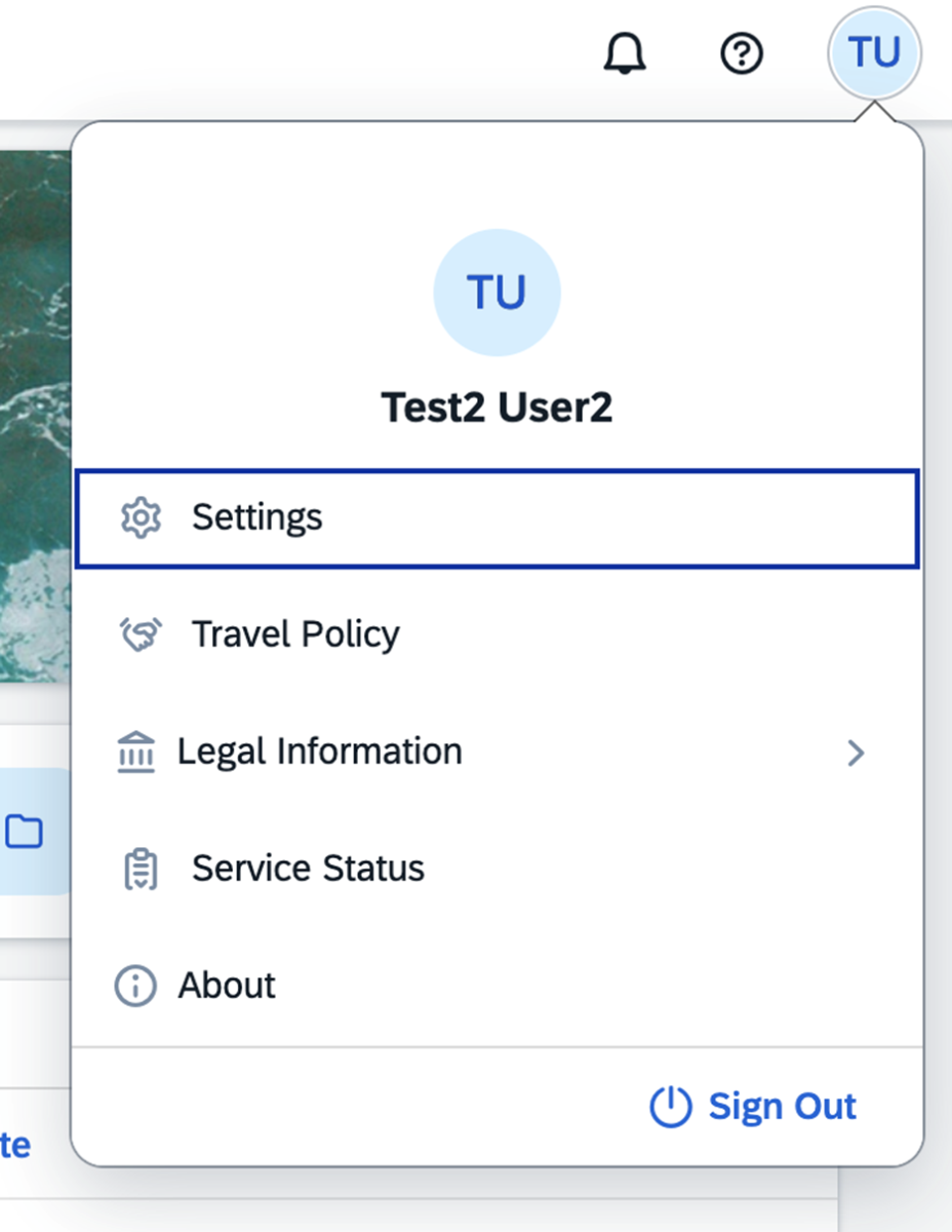 Screenshot of the SAP Concur user profile dropdown menu. The menu shows a circular icon with initials 'TU' at the top, followed by the name 'Test2 User2'. Below are menu options: Settings (highlighted), Travel Policy, Legal Information (with submenu), Service Status, and About. At the bottom right, there is a blue 'Sign Out' link with a power icon.