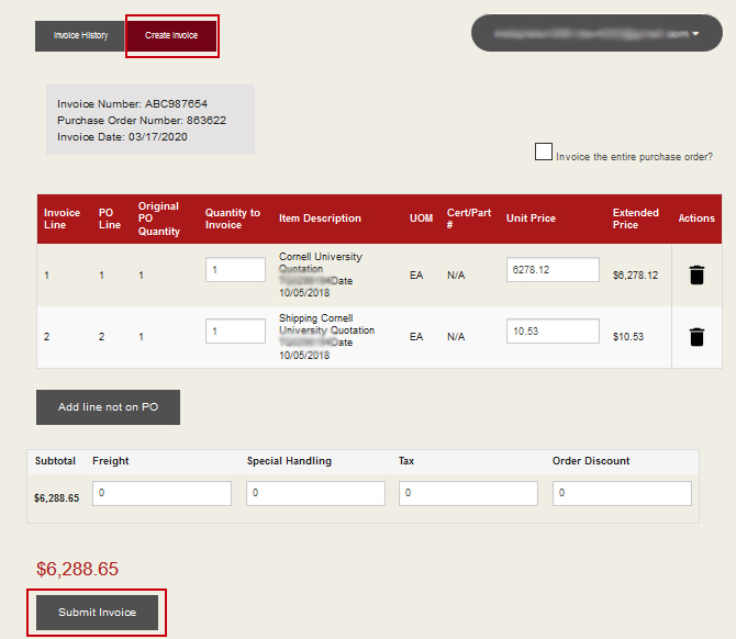 The Submit Invoice button is at the bottom-left of the invoice screen.