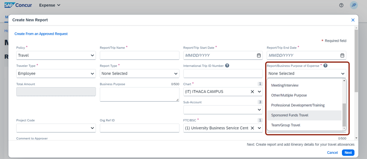 A screenshot of the options in Concur for the Report/Business Purpose of Expense field on the report header. Among the options is "Sponsored Funds Travel" which is circled to illustrate which option should be selected when traveling on sponsored funds.